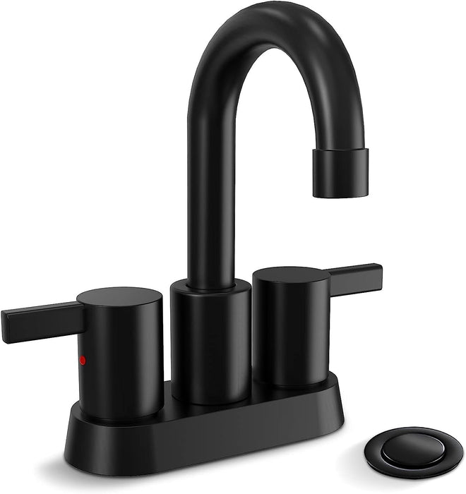 4 Inch 2 Handle Centerset Matte Black Lead-Free Modern Bathroom Faucet, 360 Swivel Spout 2-3 Hole RV Bathroom Vanity Sink Faucet with Pop up Drain and Water Supply Lines，Bf015-1-Mb