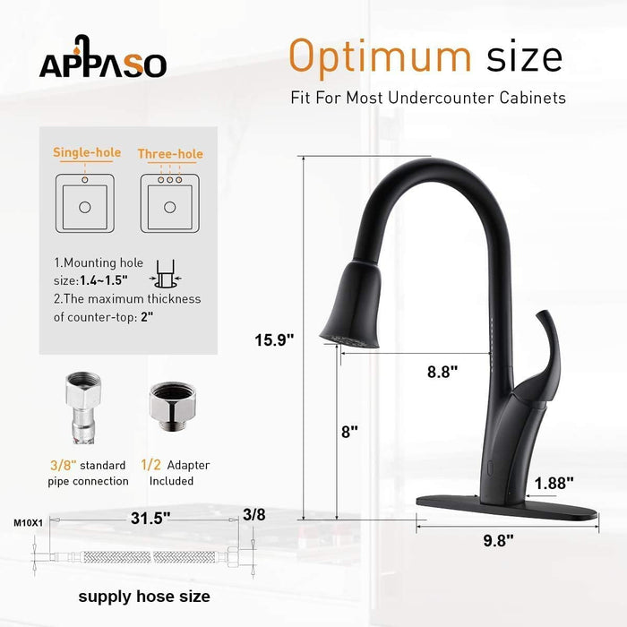 Black Kitchen Faucet with Soap Dispenser and Pull down Sprayer - Single Handle High Arc One Hole Pull Out Kitchen Faucets with Deck Plate Matte Black