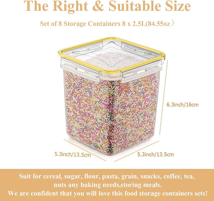 Cereal Container Food Storage Containers, Set of 8 (2.5L/84.55Oz) Airtight Dry Food Storage Containers with Lids - BPA Free Plastic for Flour, Cereal and Pantry Storage Containers