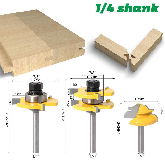 3Pcs 6mm 1/4 Shank Tongue & Grooving Joint Router Bit 45 Degree Lock Miter Router Set Stock Wood Cutting