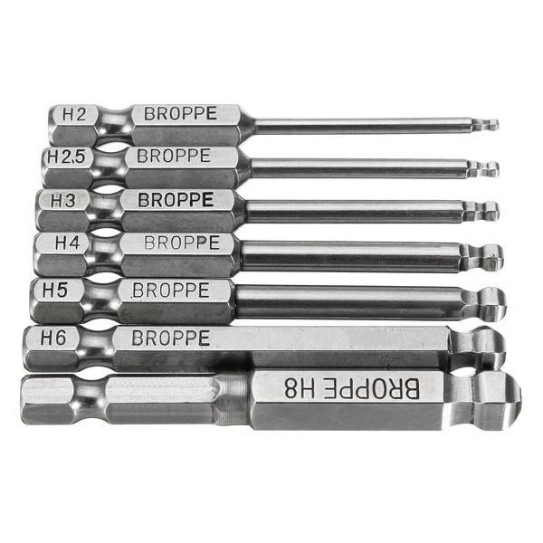 Broppe 7pcs 2/2.5/3/4/5/6/8mm 65mm Magnetic Ball Screwdriver Bits 1/4 Inch Hex Shank Screwdriver Bit