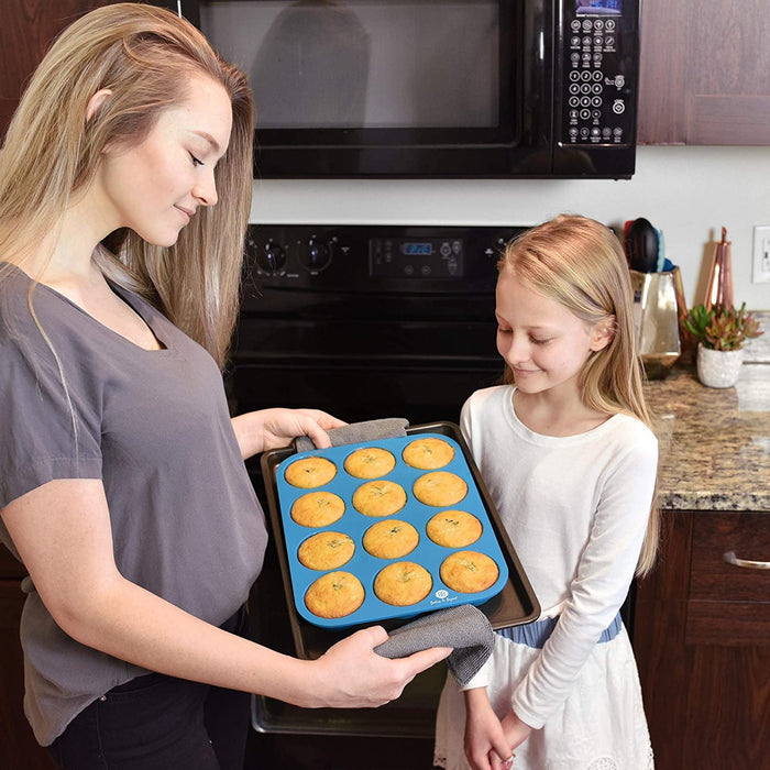 Premium Silicone Muffin Pan - Non Stick Silicone Cupcake Pan - 12 Cup Muffin Tray, 24 Cups Mini Cupcakes Pans - Silicon Muffin Molds - Silicone Baking Set - 2 Spatulas - Recipe E-Book