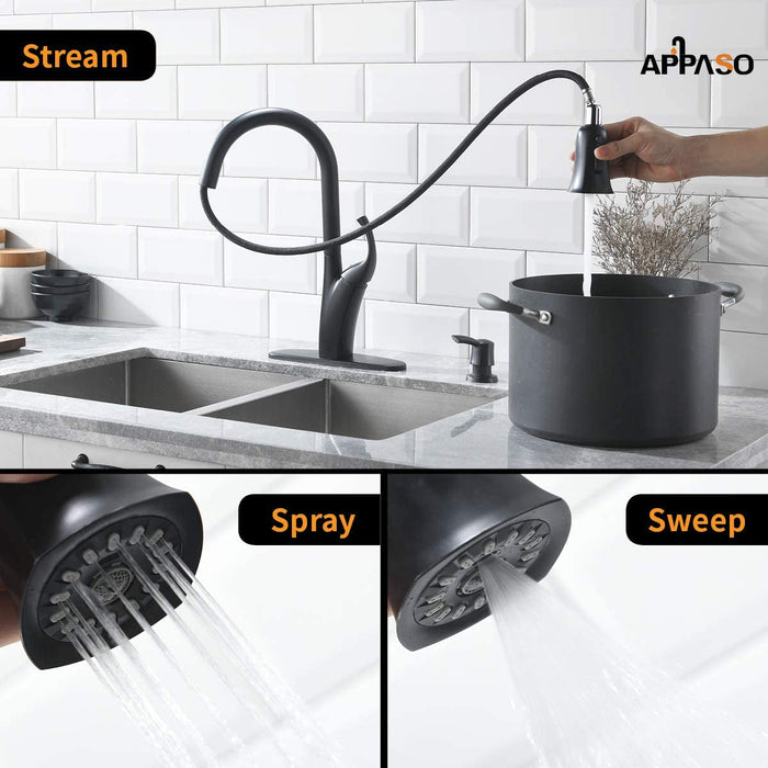 Black Kitchen Faucet with Soap Dispenser and Pull down Sprayer - Single Handle High Arc One Hole Pull Out Kitchen Faucets with Deck Plate Matte Black