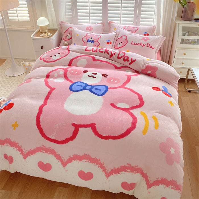 Cute Cartoon Milk Velvet Bedding Set Of Four