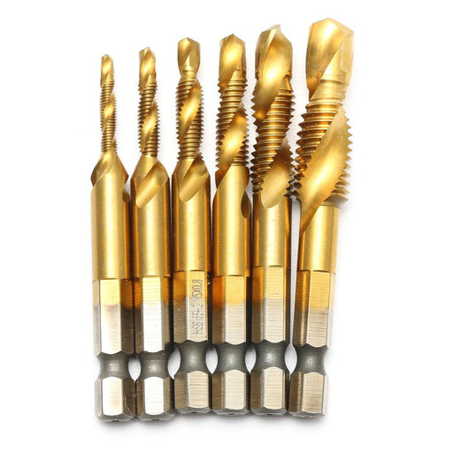 Drillpro 6pcs M3-M10 Hexagon Shank Drill Tap Bit Titanium Plated HSS 6542 Deburr Countersink Bits Screw Thread Metric Tap