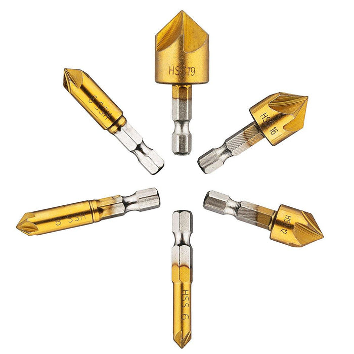 Drillpro 6Pcs 6-19mm Countersink Drill Bit 5 Flutes Hex Shank Titanium Coated Chamfer Cutter Set