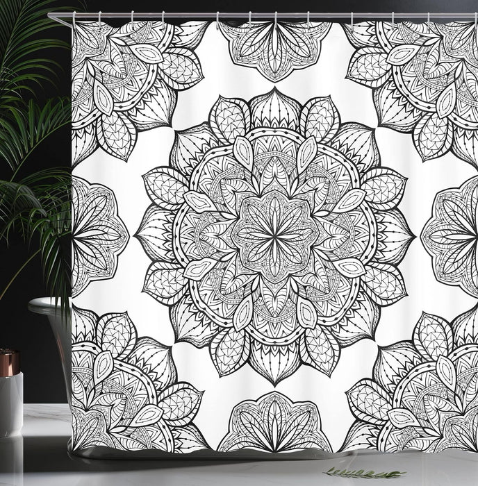 Mandala Shower Curtain, Abstract and Floral round Culture of Cosmos, Cloth Fabric Bathroom Decor Set with Hooks, 69" W X 84" L, Black and White