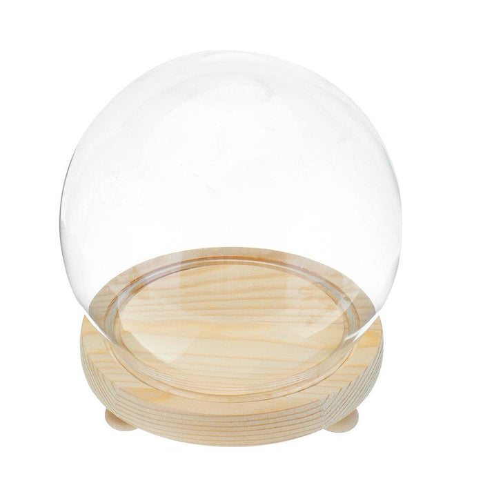 Round Decorative Transparent Glass Dome with Wooden Base Cloche Bell Jar