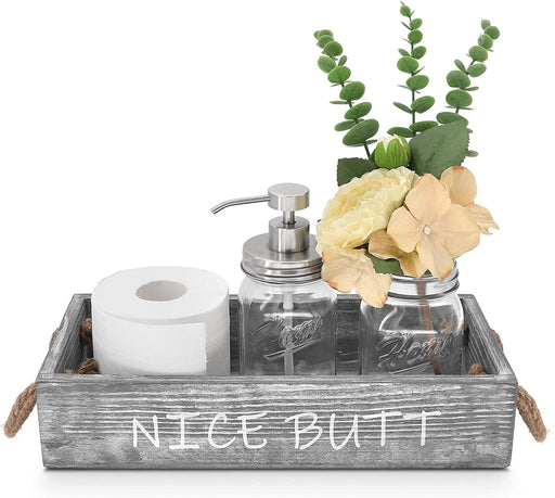 Wood Toilet Paper Holder, Farmhouse Nice Butt Bathroom Decor Box with 16Oz Mason Jar Soap Dispenser&Rose Flower,Funny Home Decor Crate for Bathroom,Kitchen,Table Counter, Medium Grey