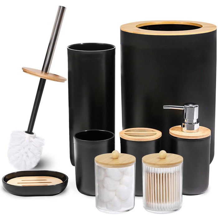 Bamboo Bathroom Accessory Set, 8 Pieces Bath Set- Soap Dish Toothbrush Holder Rinse Cup Lotion Bottle Trash Can Toilet Brush - Practical Toilet Kit for Home Washing Room, Bright Black