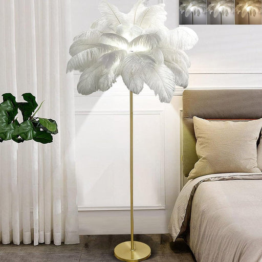 Feather Lamp Natural Ostrich Feather Floor Lamp 62.99Inch Tall Standing Lamp for Bedroom, Funky White Feather Light Gold Floor Lamps Girl Bedroom Living Room Lamp for Nightstand Elegant Decor