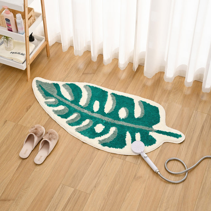 Feblilac Green Leave Bathroom Runner Tropical Monstera Tufted Bath Mat