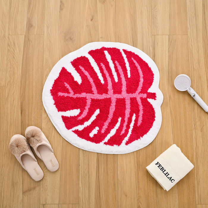 Feblilac Pink Monstera Bath Mat Non-Slip Cute Leave Tufted Bathroom Rugs