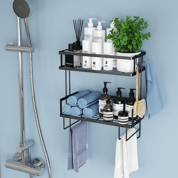 Bathroom over the Toilet Storage Shelf, 2-Tier Bathroom Storage Organizer Shelves, No Drilling Space Saver with Adhesive Base and Hooks (Black)