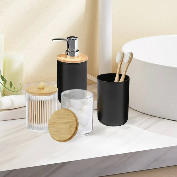 Bamboo Bathroom Accessory Set, 8 Pieces Bath Set- Soap Dish Toothbrush Holder Rinse Cup Lotion Bottle Trash Can Toilet Brush - Practical Toilet Kit for Home Washing Room, Bright Black