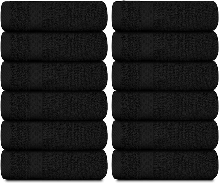 Luxury Cotton Washcloths Set 12 Pack - Hotel Quality Cleansing Face Towels Set, Black Small Bathroom Hand Towels | 12 Pack | Black