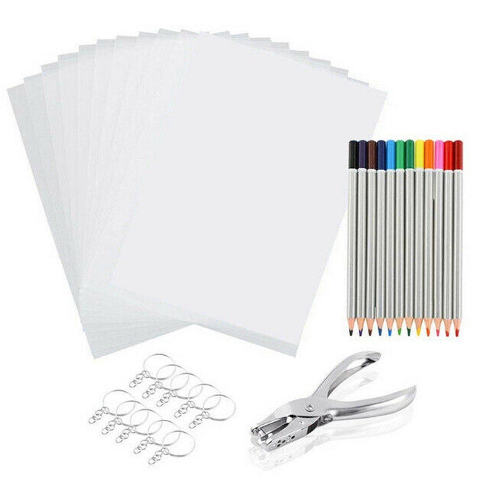 198Pcs/145Pcs/33Pcs DIY Heat Shrink Plastic Sheet Kit Shrinky Art Paper Hole Punch Keychains Pencils