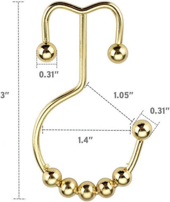 Gold Shower Curtain Hooks Rings, Stainless Steel Shower Curtain Rings, 12Pcs Double Glide Shower Hooks for Bathroom Shower Curtain Rods Dual Rust-Resistant Shower Rings