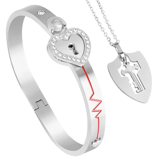 Stainless Steel Love Heart Lock Bangle Bracelet - Okeihouse