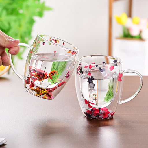 Creative Household Coffee Milk Dried Flower Quicksand Double Layer Glass Cup