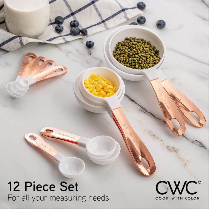 12 PC Measuring Cups Set and Measuring Spoon Set with Copper Coated Stainless Steel Handles, Nesting Kitchen Measuring Set, Liquid Measuring Cup Set, Dry Measuring Cup Set (White)