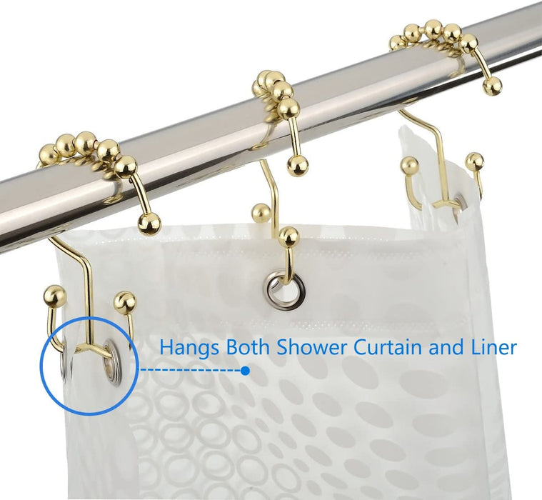 Gold Shower Curtain Hooks Rings, Stainless Steel Shower Curtain Rings, 12Pcs Double Glide Shower Hooks for Bathroom Shower Curtain Rods Dual Rust-Resistant Shower Rings