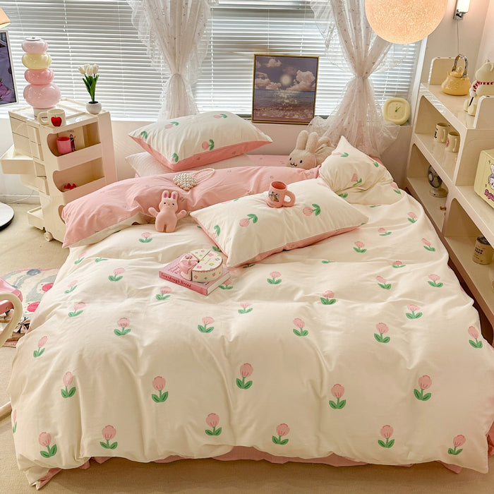 Cute Floral Rabbit Cotton Four-piece Set Pastoral Cotton Quilt Cover Bed Sheet Three-piece Set