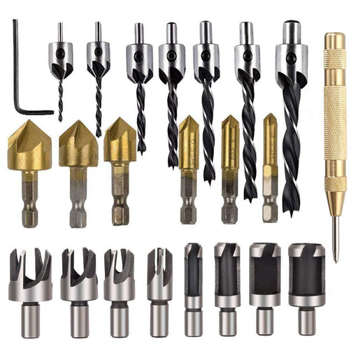 Drillpro 23Pcs Woodworking Chamfer Countersink Drill Bit Set 6Pcs 1/4 Inch Hexagon 5 Flute 90 Degree Countersink Drill Bits 7Pcs Three Pointed Countersink Drill Bit 8Pcs Wood Plug Cutter and Automatic