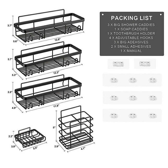 Shower Caddy 5 Pack, Adhesive Shower Organizer for Bathroom Storage, Rustproof Stainless Steel Bathroom Organizer, Shower Shelves for inside Shower, No Drilling, Large Capacity, Black