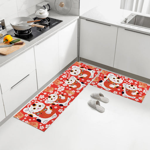 Feblilac Red Background White Sakura Lucky Cat PVC Leather Kitchen Mat