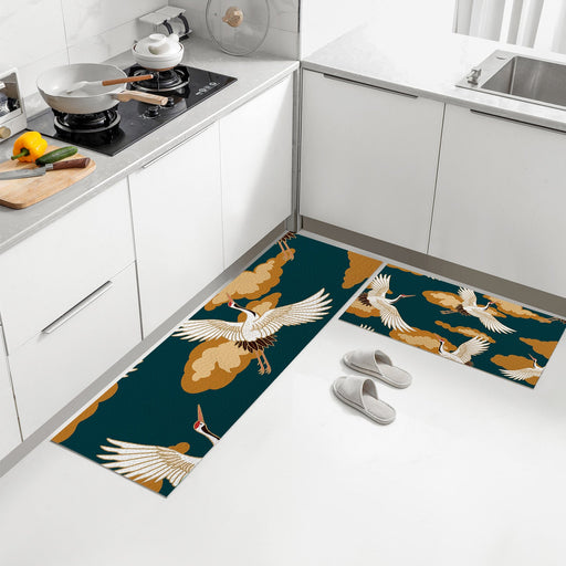 Feblilac Blue Background Crane PVC Leather Kitchen Mat