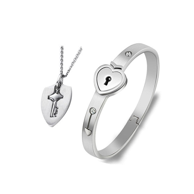 Stainless Steel Love Heart Lock Bangle Bracelet - Okeihouse