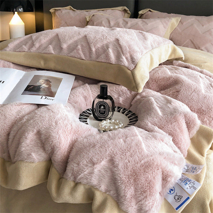 A Four Piece Set Of Rabbit Hair And Milk Velvet Duvet Cover On A Baby Plush Bed