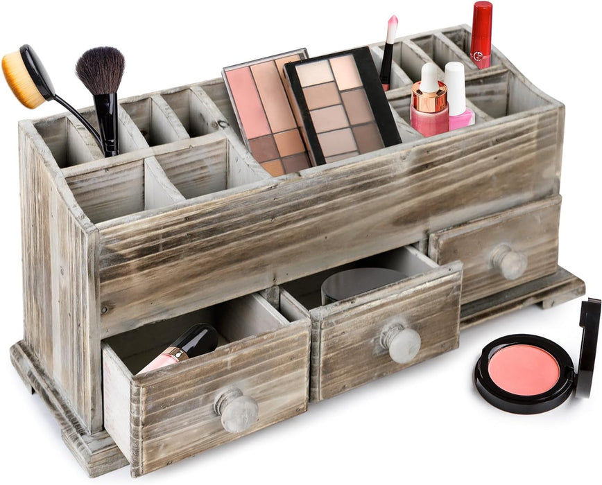 Rustic Vanity Organizer for Cosmetics, Makeup, and Bathroom Accessories, Wooden Farmhouse Storage Box with 3 Drawers, Vintage Countertop, Dresser, or Desk Organization