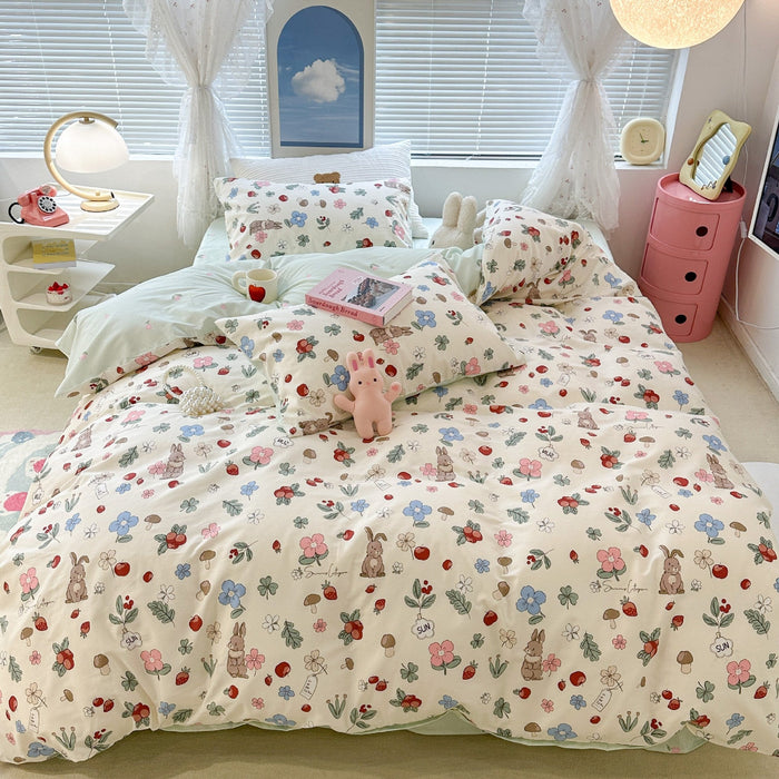 Cute Floral Rabbit Cotton Four-piece Set Pastoral Cotton Quilt Cover Bed Sheet Three-piece Set