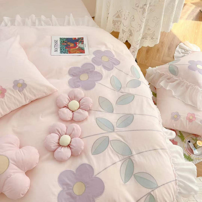 Cotton Four Piece Floral Three-dimensional Embroidery Quilt Cover Bed Sheet