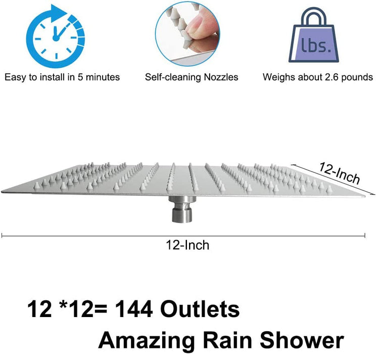 Rain Shower Head,  High Flow Stainless Steel Square Rainfall Showerhead, Waterfall Bath Shower Body Covering, Ceiling or Wall Mount (12 Inch, Brushed Nickel)