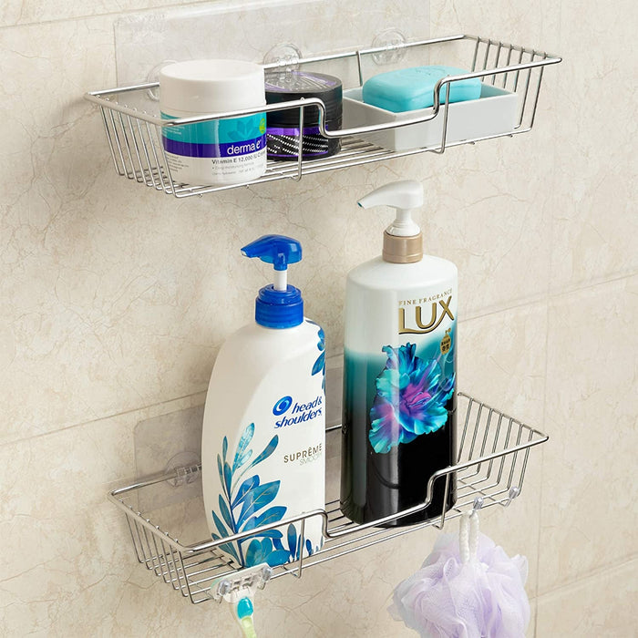 Adhesive Shower Caddy Bathroom Shelf Storage with Hooks for Shampoo Conditioner Holder Kitchen Organizer Basket, No Drilling Wall Mounted, Rustproof Stainless Steel