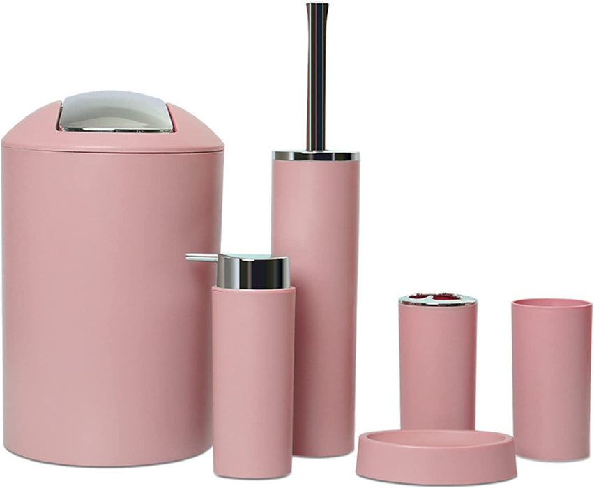 6 Pcs Pink Bathroom Accessories Set - Toothbrush Holder, Toothbrush Cup, Soap Dispenser, Soap Dish, Toilet Brush, Trash Can, Bathroom Decor Sets Accessories (Pink)