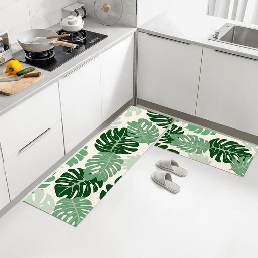 Feblilac PVC Green Tropical Leaves Kitchen Mat, Monstera Leaves Rug