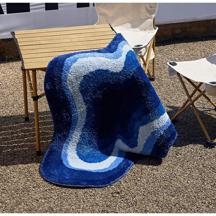 Feblilac Blue Abstract Dizzy Rug, Wave Mat for Bathroom