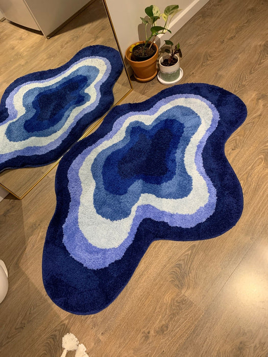 Feblilac Blue Abstract Dizzy Rug, Wave Mat for Bathroom