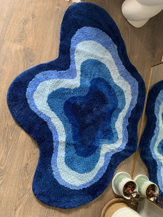 Feblilac Blue Abstract Dizzy Rug, Wave Mat for Bathroom