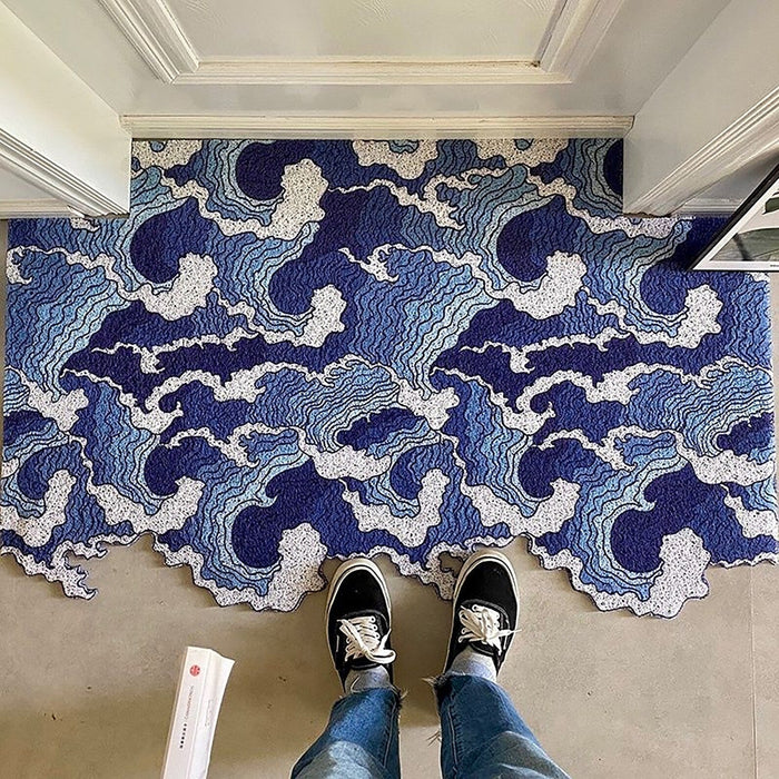 Feblilac Japanese Blue Wave Entrance Door Mat, Ukiyoe Art Doorway PVC Rug