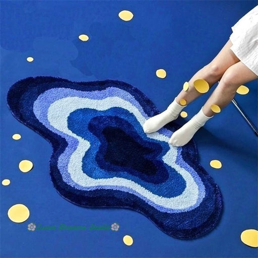 Feblilac Blue Abstract Dizzy Rug, Wave Mat for Bathroom