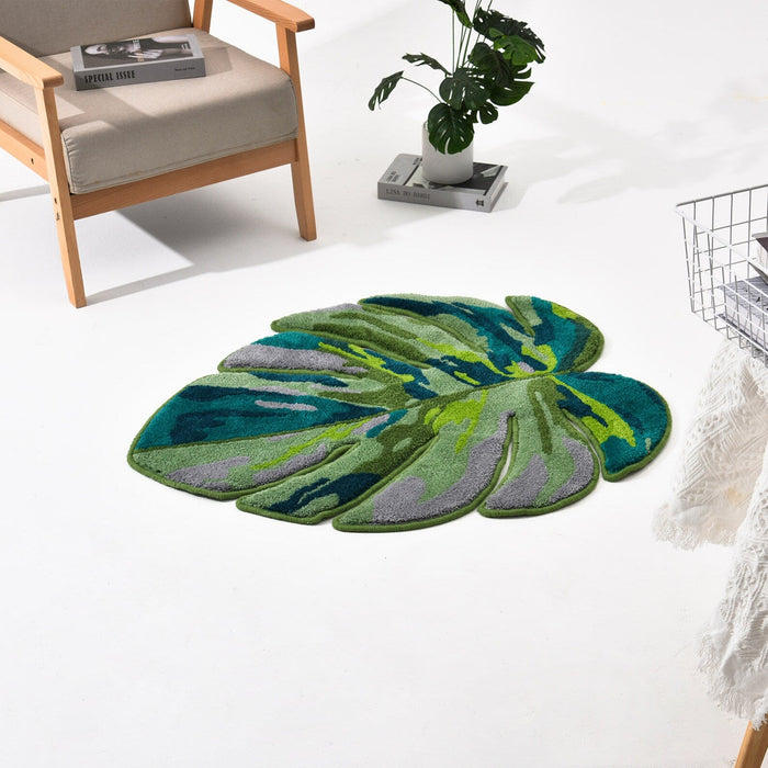 Feblilac Irregular Monstera Leaves Tufted Bath Mat