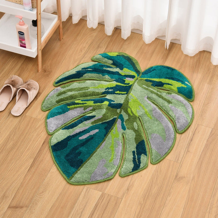 Feblilac Irregular Monstera Leaves Tufted Bath Mat