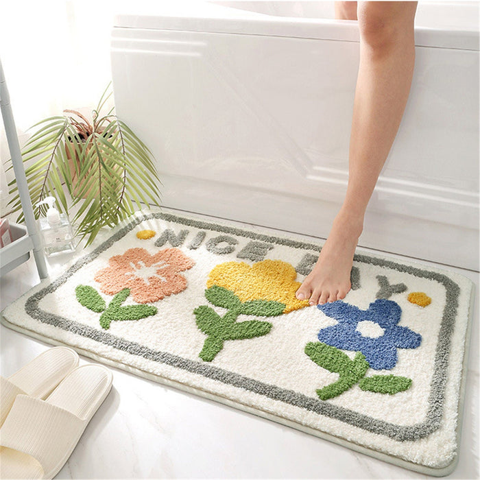 Flower Bath Mat, Colorful Floral Cute Bathroom Rug, Non-slip Mat Modern Home Decor