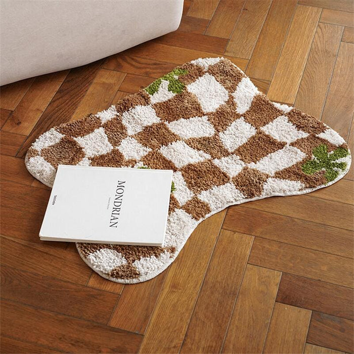 Tufted Checkered Rug, Irregular Shape Mats, Decorative, Soft, Fluffy &amp; Non Slip.