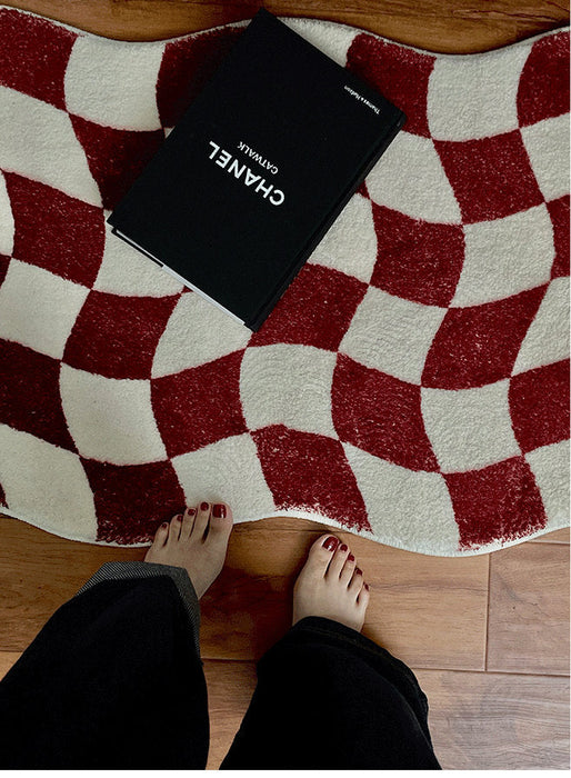 Green Checkered Rug for Bedroom Bathroom, Abstract Waved Bath Mat